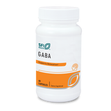 Weiße Flasche mit dem Aufdruck 'SFI Health GABA'. Unterstützt Entspannung. Enthält 60 Kapseln. Nahrungsergänzungsmittel.