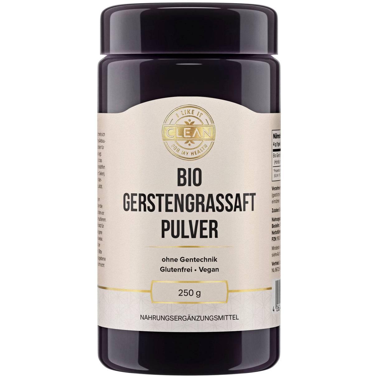 Ein schwarzes Kunststoffbehälter mit einem weißen Etikett, das "Bio Gerstengrassaft Pulver" in schwarzer Schrift zeigt. Das Etikett enthält auch Informationen wie "ohne Gentechnik", "Glutenfrei", "Vegan" und "250 g". Oben auf dem Etikett befindet sich ein goldfarbenes Logo mit der Aufschrift "I LIKE IT CLEAN FOR MY HEALTH". Der Behälter ist zylindrisch und hat einen Deckel. Es handelt sich um ein Nahrungsergänzungsmittel.