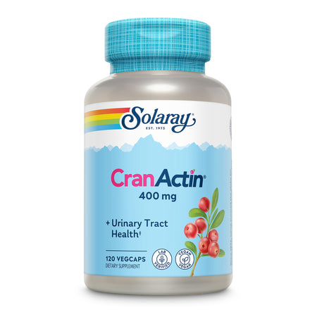 Das Bild zeigt eine Flasche mit Nahrungsergänzungsmitteln der Marke Solaray. Auf dem Etikett steht 'CranActin 400 mg' und es ist ein Bild von roten Cranberries zu sehen. Die Flasche enthält 120 vegane Kapseln zur Unterstützung der Gesundheit der Harnwege.