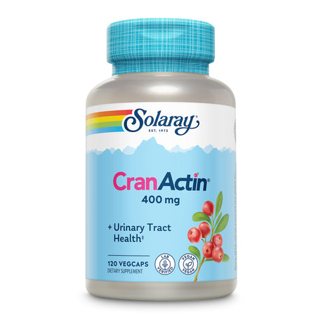 Das Bild zeigt eine Flasche mit Nahrungsergänzungsmitteln der Marke Solaray. Auf dem Etikett steht 'CranActin 400 mg' und es ist ein Bild von roten Cranberries zu sehen. Die Flasche enthält 120 vegane Kapseln zur Unterstützung der Gesundheit der Harnwege.