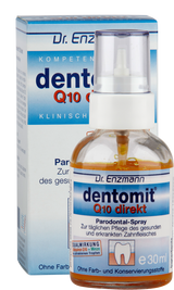 Das Bild zeigt eine Verpackung und eine Flasche des Produkts "Dentomit Q10 direkt" von Dr. Enzmann. Es handelt sich um ein Parodontal-Spray zur Pflege des Zahnfleisches. Die Verpackung ist blau und weiß, die Flasche hat einen weißen Sprühkopf und enthält 30 ml Flüssigkeit. Auf der Verpackung sind Begriffe wie "Kompetenz", "klinisch" und "Dualwirkung" zu lesen. Das Produkt ist ohne Farb- und Konservierungsstoffe.