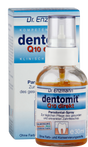Das Bild zeigt eine Verpackung und eine Flasche des Produkts "Dentomit Q10 direkt" von Dr. Enzmann. Es handelt sich um ein Parodontal-Spray zur Pflege des Zahnfleisches. Die Verpackung ist blau und weiß, die Flasche hat einen weißen Sprühkopf und enthält 30 ml Flüssigkeit. Auf der Verpackung sind Begriffe wie "Kompetenz", "klinisch" und "Dualwirkung" zu lesen. Das Produkt ist ohne Farb- und Konservierungsstoffe.