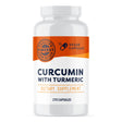 Das Bild zeigt eine weiße Plastikflasche mit einem orangefarbenen Etikett. Auf dem Etikett steht "CURCUMIN WITH TURMERIC" und "DIETARY SUPPLEMENT". Es enthält 270 Kapseln und ist als veganes Produkt gekennzeichnet. Das Logo "Vimergy" ist ebenfalls sichtbar.