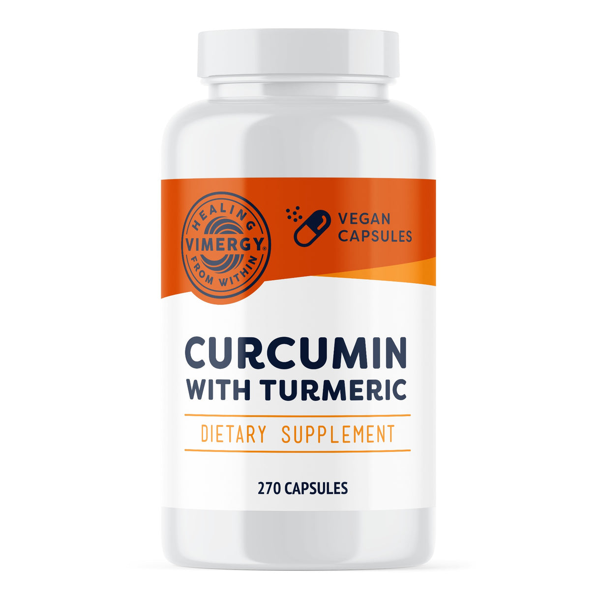 Das Bild zeigt eine weiße Plastikflasche mit einem orangefarbenen Etikett. Auf dem Etikett steht "CURCUMIN WITH TURMERIC" und "DIETARY SUPPLEMENT". Es enthält 270 Kapseln und ist als veganes Produkt gekennzeichnet. Das Logo "Vimergy" ist ebenfalls sichtbar.