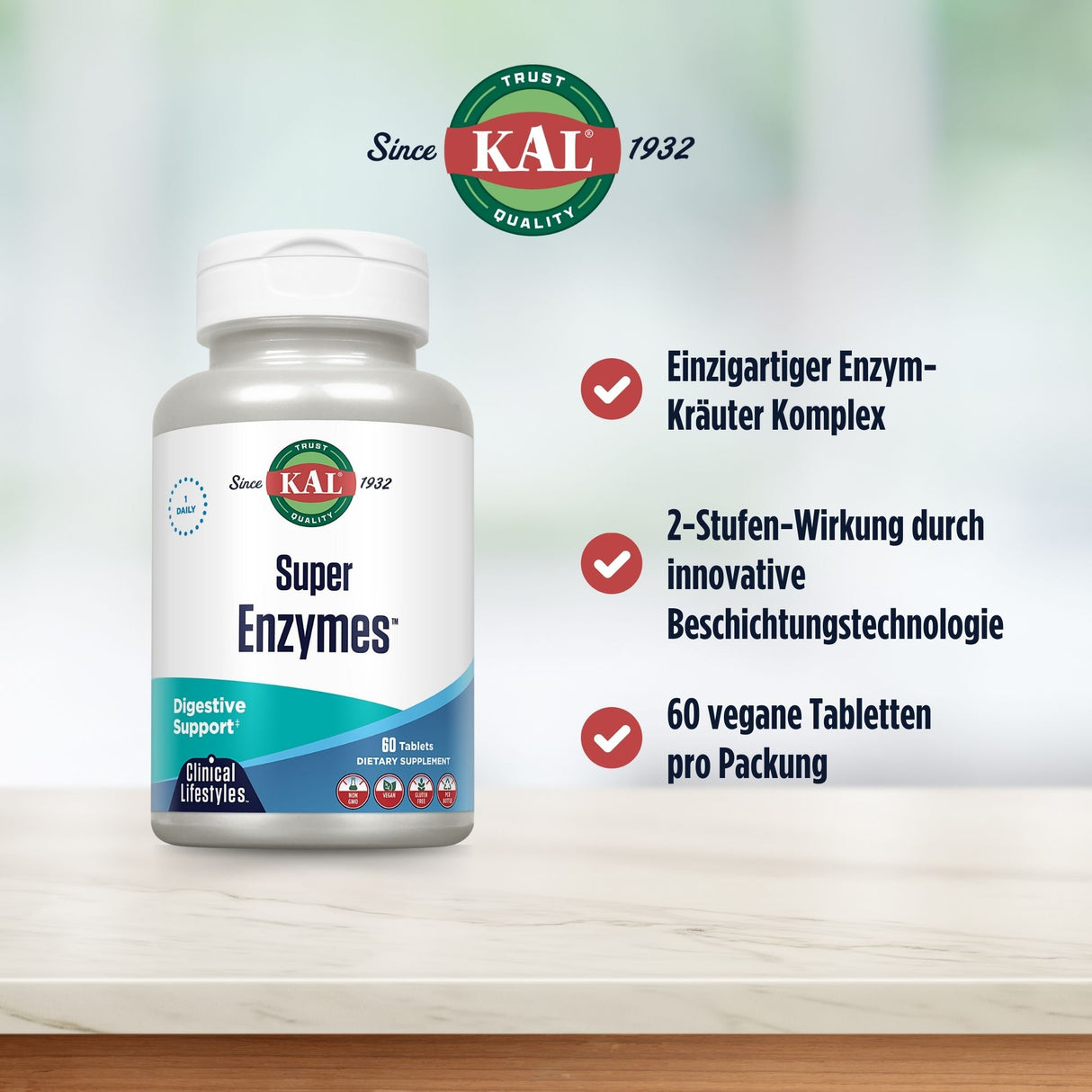 Eine Flasche KAL Super Enzymes mit 60 Tabletten. Auf der rechten Seite stehen Produktvorteile wie Enzym-Kräuter-Komplex und vegane Tabletten.
