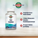 Eine Flasche KAL Super Enzymes mit 60 Tabletten. Auf der rechten Seite stehen Produktvorteile wie Enzym-Kräuter-Komplex und vegane Tabletten.