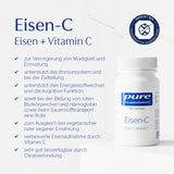 Das Bild zeigt eine Produktverpackung von Pure Encapsulations Eisen-C. Links ist eine Liste von Vorteilen des Produkts auf Deutsch, wie z.B. Unterstützung des Immunsystems und verbesserte Eisenaufnahme durch Vitamin C. Rechts ist die Flasche abgebildet. Oben rechts ist ein Siegel für sauberen Sport zu sehen.