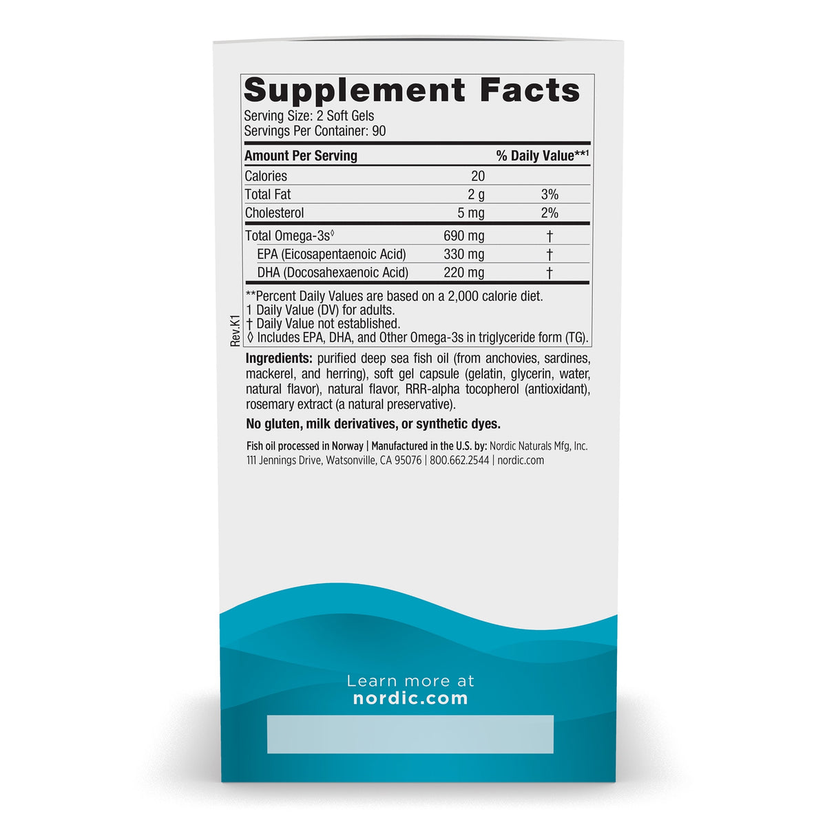 Nahrungsergänzungsmittel-Faktenetikett mit Inhaltsstoffen wie Omega-3, EPA, DHA. Enthält Fischöl, Gelatinekapsel, natürliche Aromen. Keine synthetischen Farbstoffe.