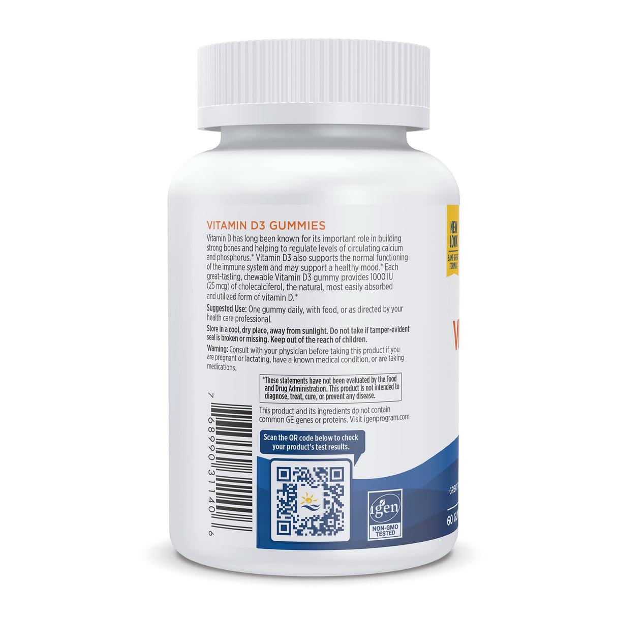 Flasche mit Vitamin D3 Gummibärchen; enthält 1000 IU pro Stück. Anleitung: 1 Gummibärchen täglich. Warnhinweise und QR-Code auf der Rückseite.