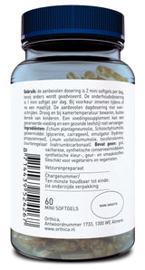 Das Bild zeigt eine Flasche mit Nahrungsergänzungsmitteln. Auf dem Etikett steht in niederländischer Sprache die empfohlene Dosierung, Zutaten und Herstellerinformationen. Die Flasche hat einen blauen Deckel und enthält 60 Mini-Softgels. Der Barcode ist sichtbar.