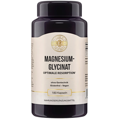 Das Bild zeigt eine dunkelviolette Flasche mit einem weißen Etikett, auf dem "Magnesiumglycinat" steht. Es handelt sich um ein Nahrungsergänzungsmittel mit 180 Kapseln. Auf dem Etikett sind die Worte "Optimale Resorption", "ohne Gentechnik", "Glutenfrei" und "Vegan" zu sehen. Oben auf dem Etikett steht "I like it clean for my health". Die Flasche hat einen schwarzen Deckel.