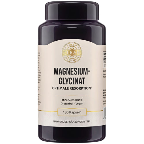 Das Bild zeigt eine dunkelviolette Flasche mit einem weißen Etikett, auf dem "Magnesiumglycinat" steht. Es handelt sich um ein Nahrungsergänzungsmittel mit 180 Kapseln. Auf dem Etikett sind die Worte "Optimale Resorption", "ohne Gentechnik", "Glutenfrei" und "Vegan" zu sehen. Oben auf dem Etikett steht "I like it clean for my health". Die Flasche hat einen schwarzen Deckel.