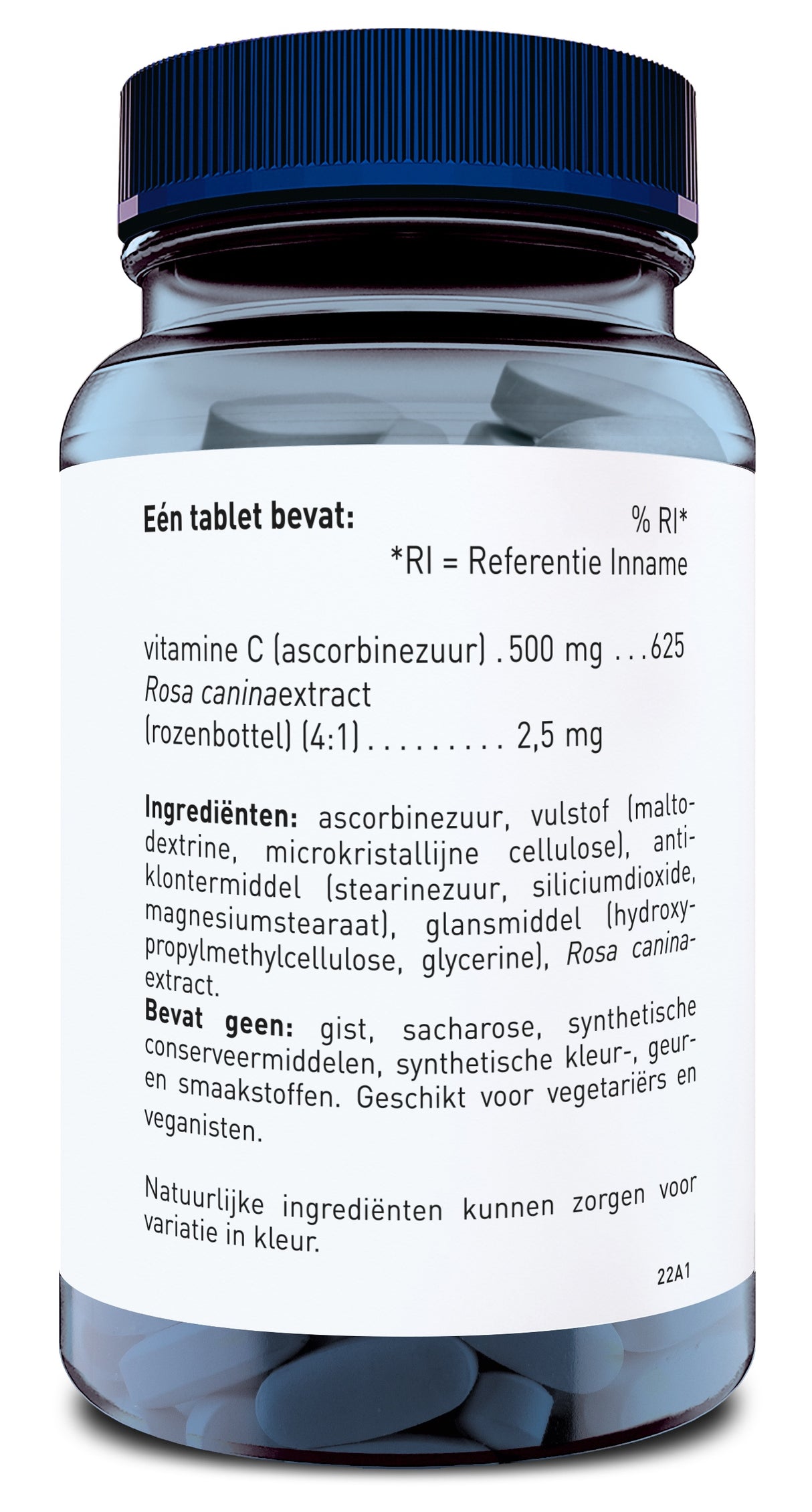 Das Bild zeigt eine blaue Flasche mit einem schwarzen Deckel, die Nahrungsergänzungsmittel in Tablettenform enthält. Auf dem Etikett sind Angaben zu den Inhaltsstoffen wie Vitamin C und Hagebuttenextrakt auf Niederländisch zu sehen.