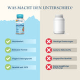Vergleich von zwei Nahrungsergänzungsmitteln: links Solaray D-Mannose mit Vorteilen wie hochdosiert, exklusive Formel, vegan, Qualität seit 1973. Rechts generisches Produkt mit Nachteilen wie niedrige Dosierung, isolierte Nährstoffe, ungeprüfte Qualität, keine langjährige Erfahrung.