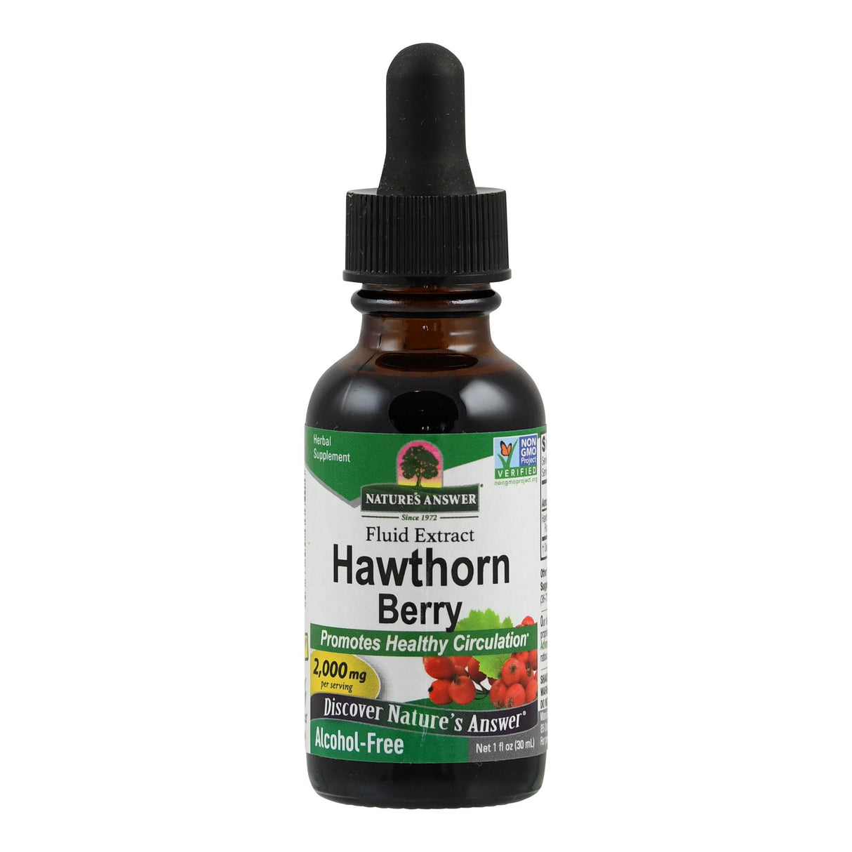 Eine braune Glasflasche mit schwarzem Tropfaufsatz, beschriftet mit 'Nature's Answer Hawthorn Berry Fluid Extract'. Die Etikettenfarbe ist grün und weiß, mit roten Beeren abgebildet. Text auf dem Etikett weist auf alkoholfreies Produkt und gesundheitsfördernde Eigenschaften hin.