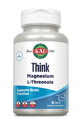 Eine weiße Flasche mit dem Etikett 'Think Magnesium L-Threonate', unterstützt Gehirnfunktion, 60 Tabletten, glutenfrei, nicht gentechnisch verändert.