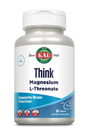 Eine weiße Flasche mit dem Etikett 'Think Magnesium L-Threonate', unterstützt Gehirnfunktion, 60 Tabletten, glutenfrei, nicht gentechnisch verändert.
