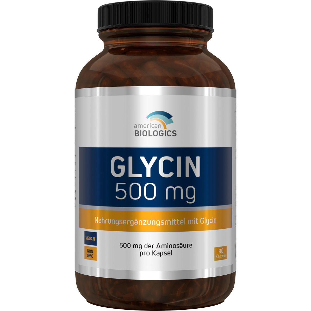 Eine weiße Plastikflasche mit einem Etikett, das Nährstoffangaben und Produktinformationen für Glycin-Kapseln zeigt. Die Flasche enthält 90 vegetarische Kapseln mit je 500 mg Glycin. Auf dem Etikett sind Herstellerinformationen und ein Mindesthaltbarkeitsdatum angegeben.