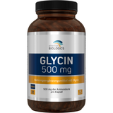 Eine weiße Plastikflasche mit einem Etikett, das Nährstoffangaben und Produktinformationen für Glycin-Kapseln zeigt. Die Flasche enthält 90 vegetarische Kapseln mit je 500 mg Glycin. Auf dem Etikett sind Herstellerinformationen und ein Mindesthaltbarkeitsdatum angegeben.