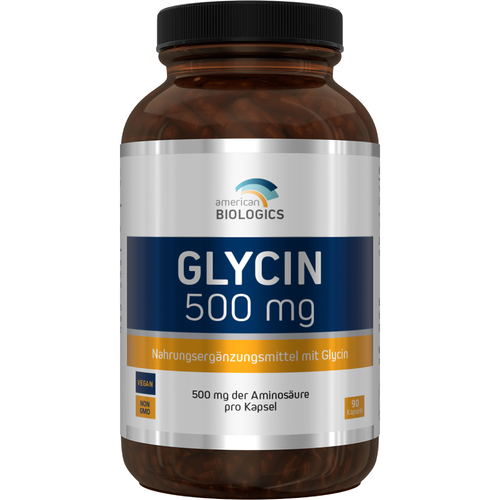 Eine weiße Plastikflasche mit einem Etikett, das Nährstoffangaben und Produktinformationen für Glycin-Kapseln zeigt. Die Flasche enthält 90 vegetarische Kapseln mit je 500 mg Glycin. Auf dem Etikett sind Herstellerinformationen und ein Mindesthaltbarkeitsdatum angegeben.
