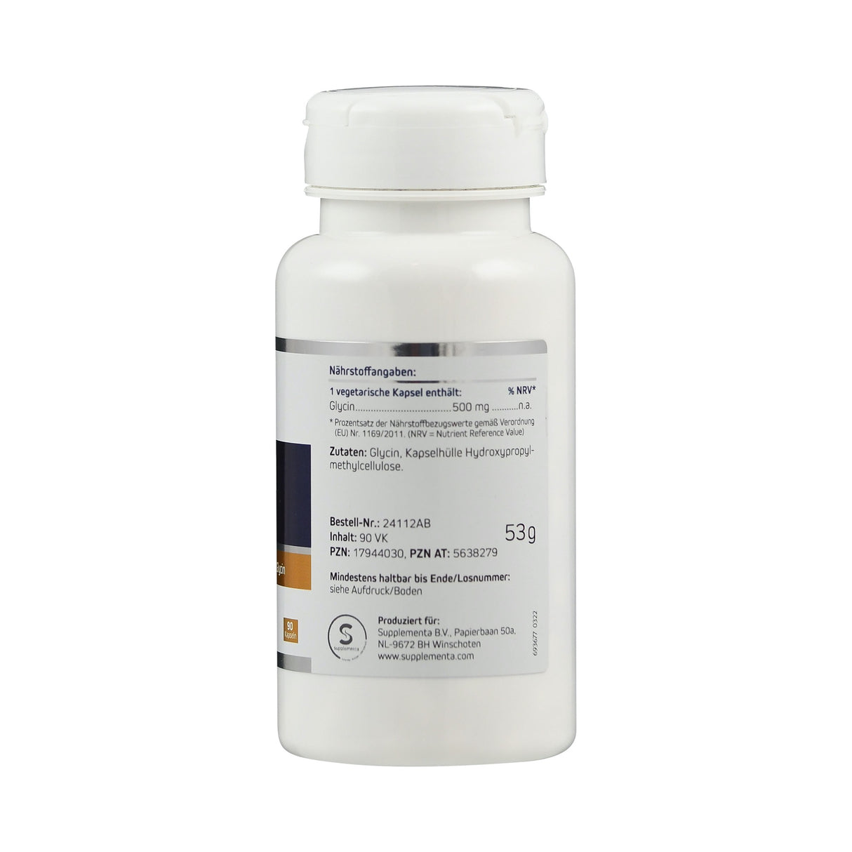 Eine weiße Plastikflasche mit einem Etikett, das Nährstoffangaben und Produktinformationen für Glycin-Kapseln zeigt. Die Flasche enthält 90 vegetarische Kapseln mit je 500 mg Glycin. Auf dem Etikett sind Herstellerinformationen und ein Mindesthaltbarkeitsdatum angegeben.