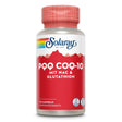 Eine Flasche Solaray PQQ CoQ-10 Nahrungsergänzungsmittel mit 30 Kapseln. Das Etikett ist rot mit weißen und gelben Schriftzügen, die Inhaltsstoffe NAC und Glutathion hervorheben. Oben befindet sich ein roter Deckel mit einem karierten Muster.