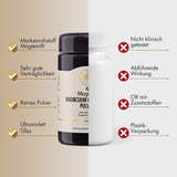 Etikett eines Nahrungsergänzungsmittels mit der Aufschrift 'Magtein Magnesium L-Threonat Pulver'. Es enthält Details zu Inhaltsstoffen, Nährwertangaben und Herstellerinformationen. Das Produkt ist glutenfrei, vegan und ohne Gentechnik. Die Verpackung ist beige mit schwarzem Text und einem Barcode.