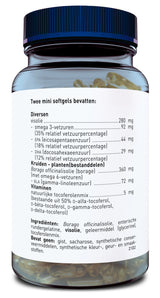 Ein Glasbehälter mit blauem Deckel, gefüllt mit gelben Mini-Softgel-Kapseln. Auf dem Etikett steht in niederländischer Sprache eine Liste von Inhaltsstoffen und Nährwerten, darunter Visolie, Omega-3-Fettsäuren, EPA, DHA und Borago-Öl.
