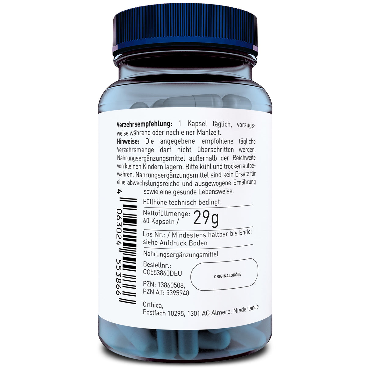 Das Bild zeigt eine durchsichtige Plastikflasche mit blauem Deckel, die weiße Kapseln enthält. Auf dem Etikett stehen Verzehrempfehlungen und Hinweise in deutscher Sprache. Die Flasche ist von der Marke Orthica und enthält 60 Kapseln mit einem Nettogewicht von 29g. Die Flasche ist in den Niederlanden hergestellt.