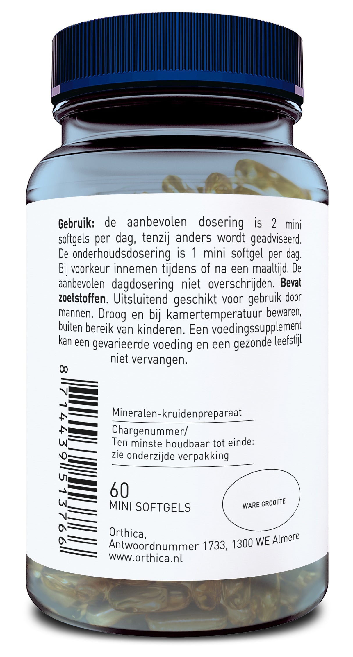 Ein Glasbehälter mit blauem Deckel, gefüllt mit 60 Mini-Softgels. Auf dem Etikett steht ein Text auf Niederländisch, der Dosierungsempfehlungen und Lagerhinweise enthält. Das Produkt ist von Orthica, mit einer Adresse in Almere, Niederlande.