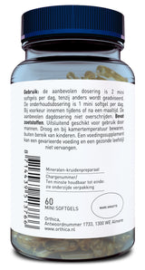 Ein Glasbehälter mit blauem Deckel, gefüllt mit 60 Mini-Softgels. Auf dem Etikett steht ein Text auf Niederländisch, der Dosierungsempfehlungen und Lagerhinweise enthält. Das Produkt ist von Orthica, mit einer Adresse in Almere, Niederlande.