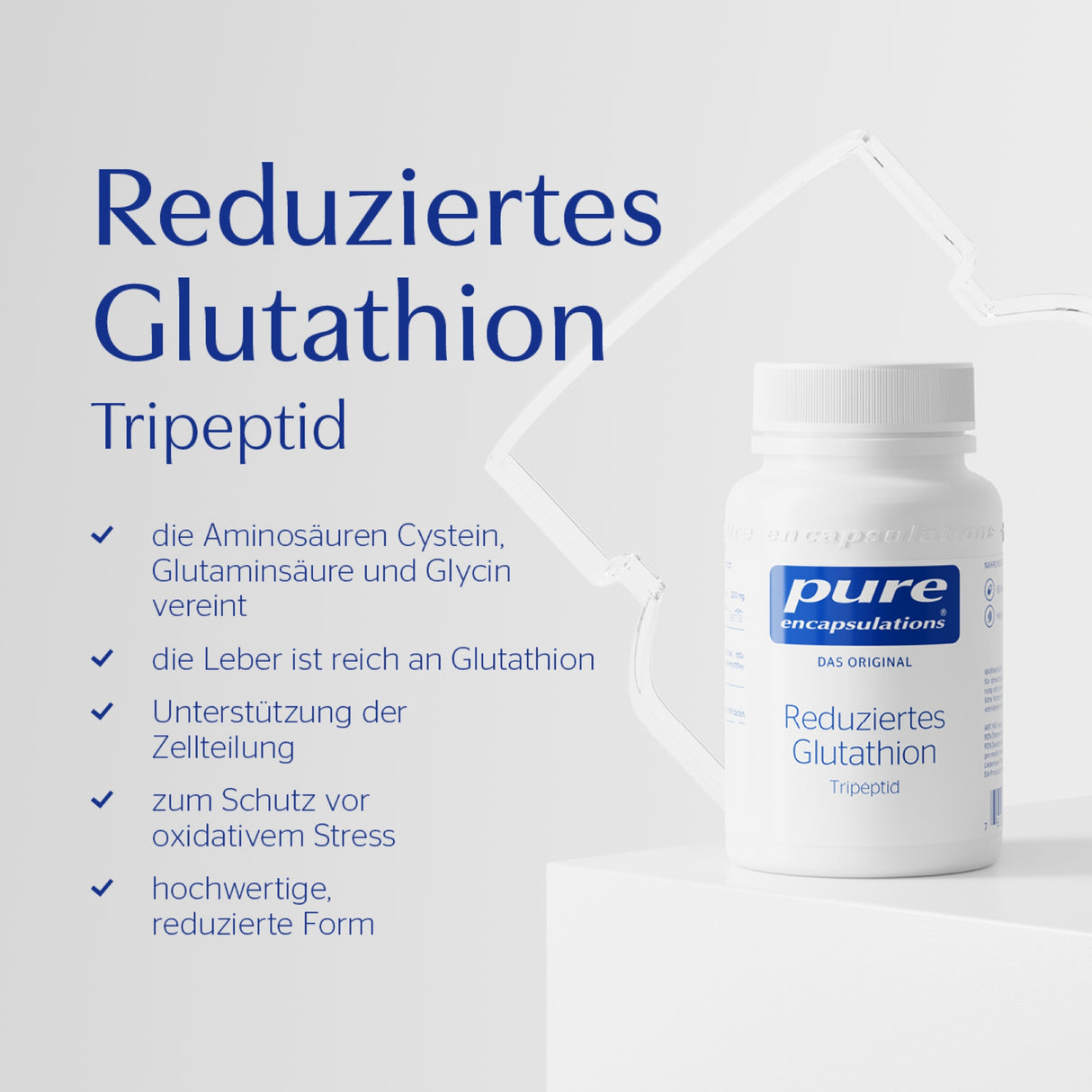 Ein weißes Nahrungsergänzungsmittel-Behälter mit dem Label 'pure encapsulations' steht auf einem weißen Podest. Links daneben steht in blauer Schrift 'Reduziertes Glutathion Tripeptid'. Darunter sind mehrere Vorteile des Produkts aufgelistet, wie die Vereinigung der Aminosäuren Cystein, Glutaminsäure und Glycin, Unterstützung der Zellteilung und Schutz vor oxidativem Stress.