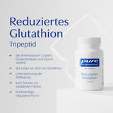 Ein weißes Nahrungsergänzungsmittel-Behälter mit dem Label 'pure encapsulations' steht auf einem weißen Podest. Links daneben steht in blauer Schrift 'Reduziertes Glutathion Tripeptid'. Darunter sind mehrere Vorteile des Produkts aufgelistet, wie die Vereinigung der Aminosäuren Cystein, Glutaminsäure und Glycin, Unterstützung der Zellteilung und Schutz vor oxidativem Stress.
