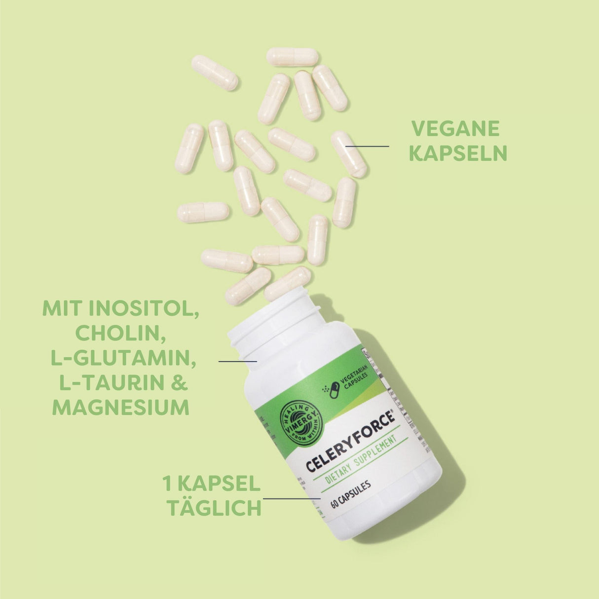 Offene Flasche mit weißen Kapseln auf grünem Hintergrund. Text: "Mit Inositol, Cholin, L-Glutamin, L-Taurin & Magnesium", "Vegane Kapseln", "1 Kapsel täglich".
