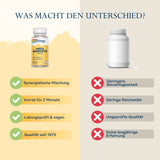 Das Bild zeigt einen Vergleich zwischen zwei Nahrungsergänzungsmitteln. Links ist eine Flasche „Solaray Mega Quercetin 600 mg“ abgebildet, begleitet von vier grünen Häkchen mit den Vorteilen: synergistische Mischung, Vorrat für 2 Monate, laborgeprüft & vegan, Qualität seit 1973. Rechts steht eine generische weiße Flasche mit vier roten Kreuzen: geringere Bioverfügbarkeit, geringe Reichweite, ungeprüfte Qualität, keine langjährige Erfahrung. Der Hintergrund ist zweifarbig, links gelb, rechts beige, mit dem T
