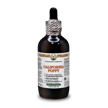 Das Bild zeigt eine braune Glasflasche mit einem weißen Etikett, auf dem "California Poppy" steht. Die Flasche hat eine Pipette und stammt von der Marke "Hawaii Pharm". Sie enthält 120 ml und ist ein pflanzliches Nahrungsergänzungsmittel.