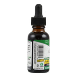 Das Bild zeigt eine braune Glasflasche mit einer Pipette als Verschluss. Auf der Flasche befindet sich ein Etikett mit einem Barcode und der Aufschrift 'Gluten Free'. Die Flasche enthält ein pflanzliches Nahrungsergänzungsmittel.