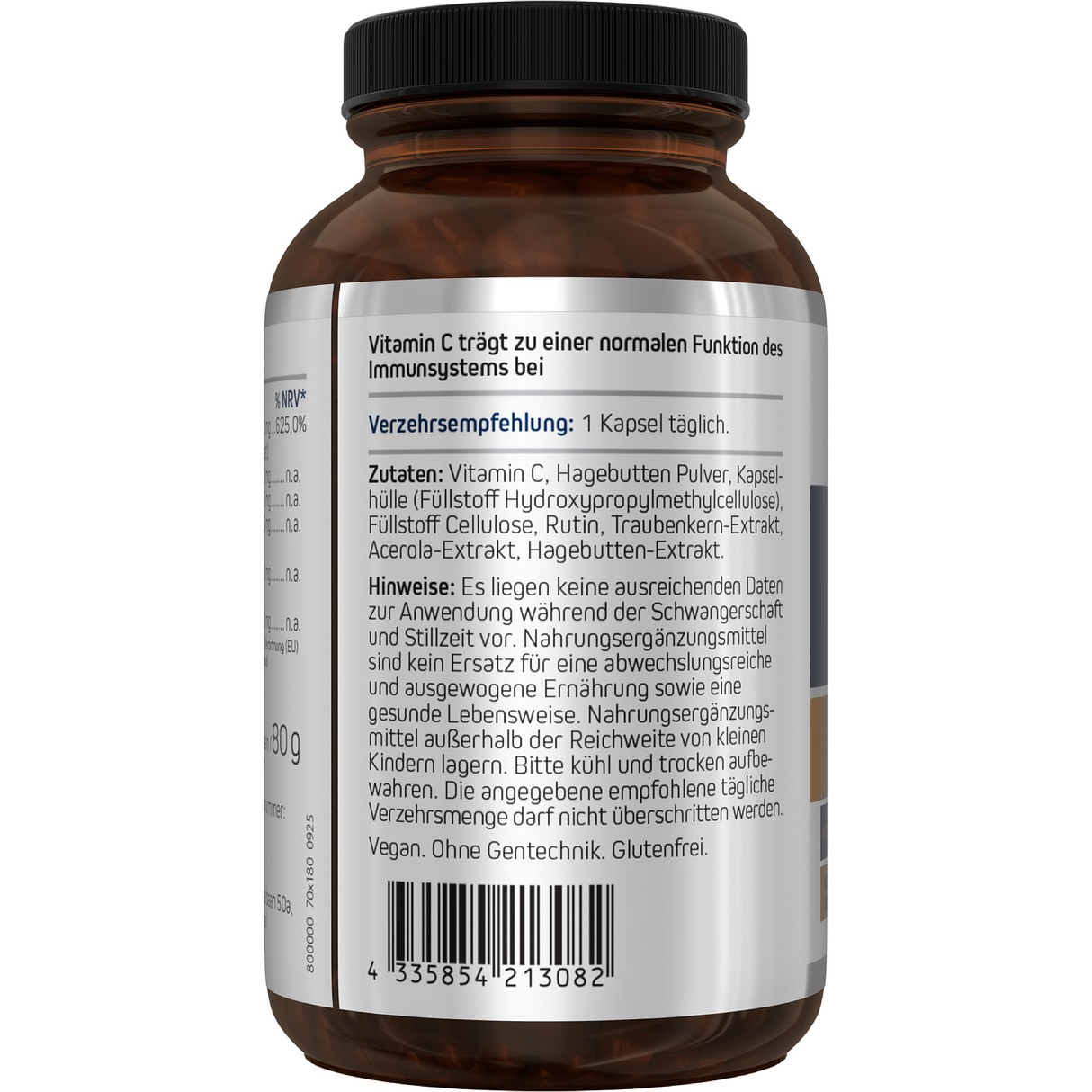 Eine weiße Plastikflasche mit dem Etikett 'C-500 PLUS gepuffert' von American Biologics. Es handelt sich um ein Nahrungsergänzungsmittel mit Vitamin C. Auf dem Etikett stehen auch 'Vegan' und 'Non GMO'. Zwei Kapseln liegen vor der Flasche.