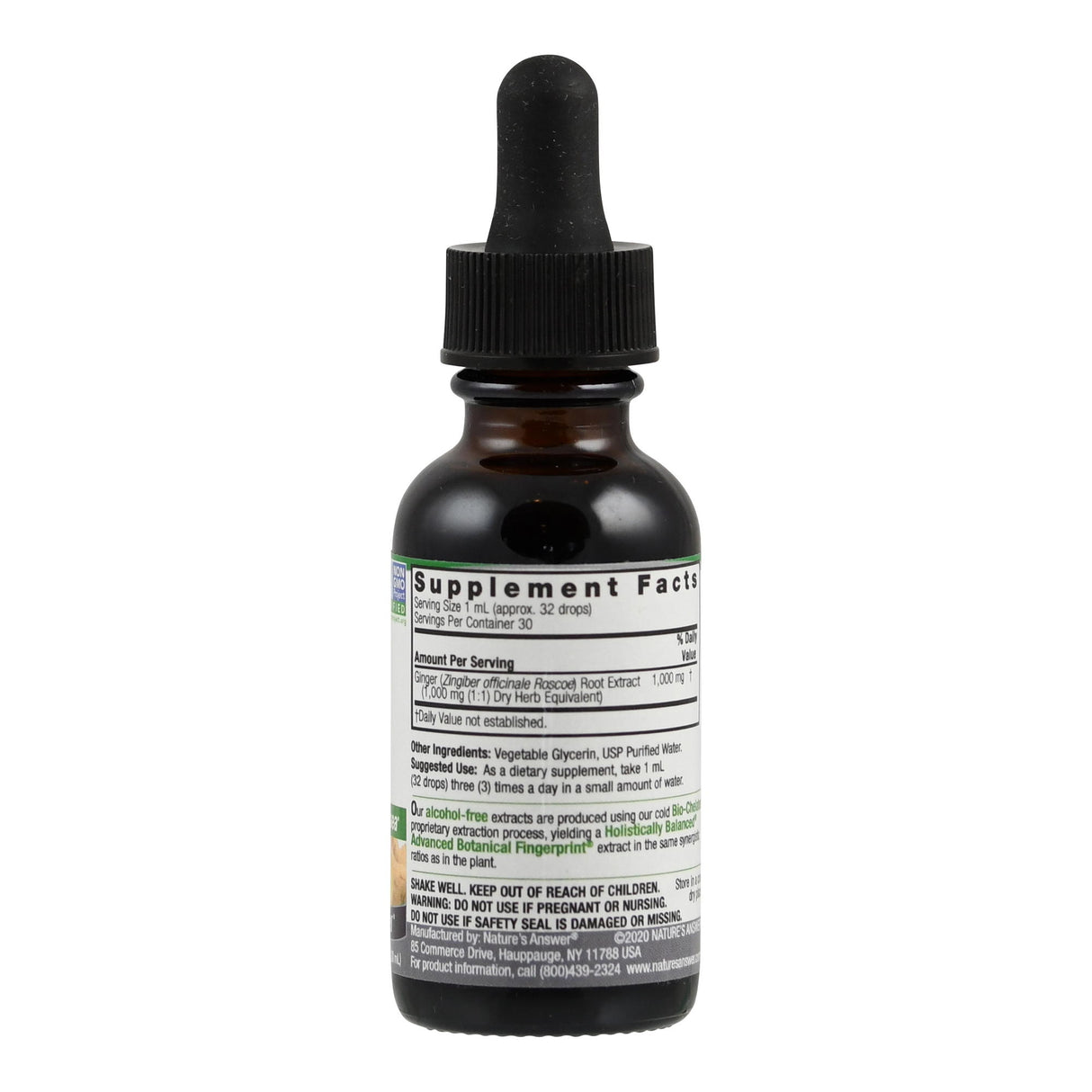 Eine braune Glasflasche mit schwarzem Tropfverschluss. Auf der Flasche befindet sich ein Etikett mit der Aufschrift "Supplement Facts" und weiteren Informationen zu den Inhaltsstoffen und der Anwendung. Die Flasche steht aufrecht vor weißem Hintergrund.