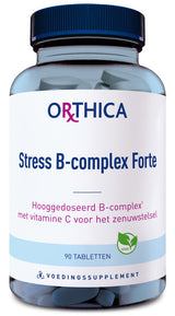 Eine Flasche mit einem blauen Deckel und einem Etikett, auf dem 'ORTHICA Stress B-complex Forte' steht. Das Etikett beschreibt das Produkt als ein hochdosiertes B-Komplex mit Vitamin C für das Nervensystem. Enthält 90 Tabletten und ist vegan.