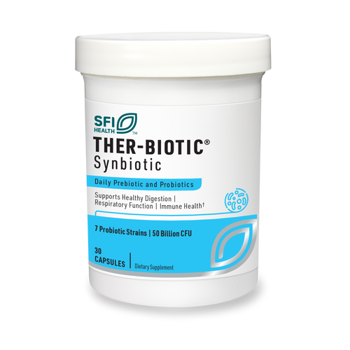 Eine weiße Plastikdose mit dem Etikett 'SFI Health THER-BIOTIC Synbiotic'. Auf dem Etikett steht 'Daily Prebiotic and Probiotics', 'Supports Healthy Digestion | Respiratory Function | Immune Health'. Enthält 30 Kapseln mit 7 probiotischen Stämmen und 50 Milliarden CFU.