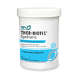 Eine weiße Plastikdose mit dem Etikett 'SFI Health THER-BIOTIC Synbiotic'. Auf dem Etikett steht 'Daily Prebiotic and Probiotics', 'Supports Healthy Digestion | Respiratory Function | Immune Health'. Enthält 30 Kapseln mit 7 probiotischen Stämmen und 50 Milliarden CFU.
