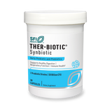 Eine weiße Plastikdose mit dem Etikett 'SFI Health THER-BIOTIC Synbiotic'. Auf dem Etikett steht 'Daily Prebiotic and Probiotics', 'Supports Healthy Digestion | Respiratory Function | Immune Health'. Enthält 30 Kapseln mit 7 probiotischen Stämmen und 50 Milliarden CFU.