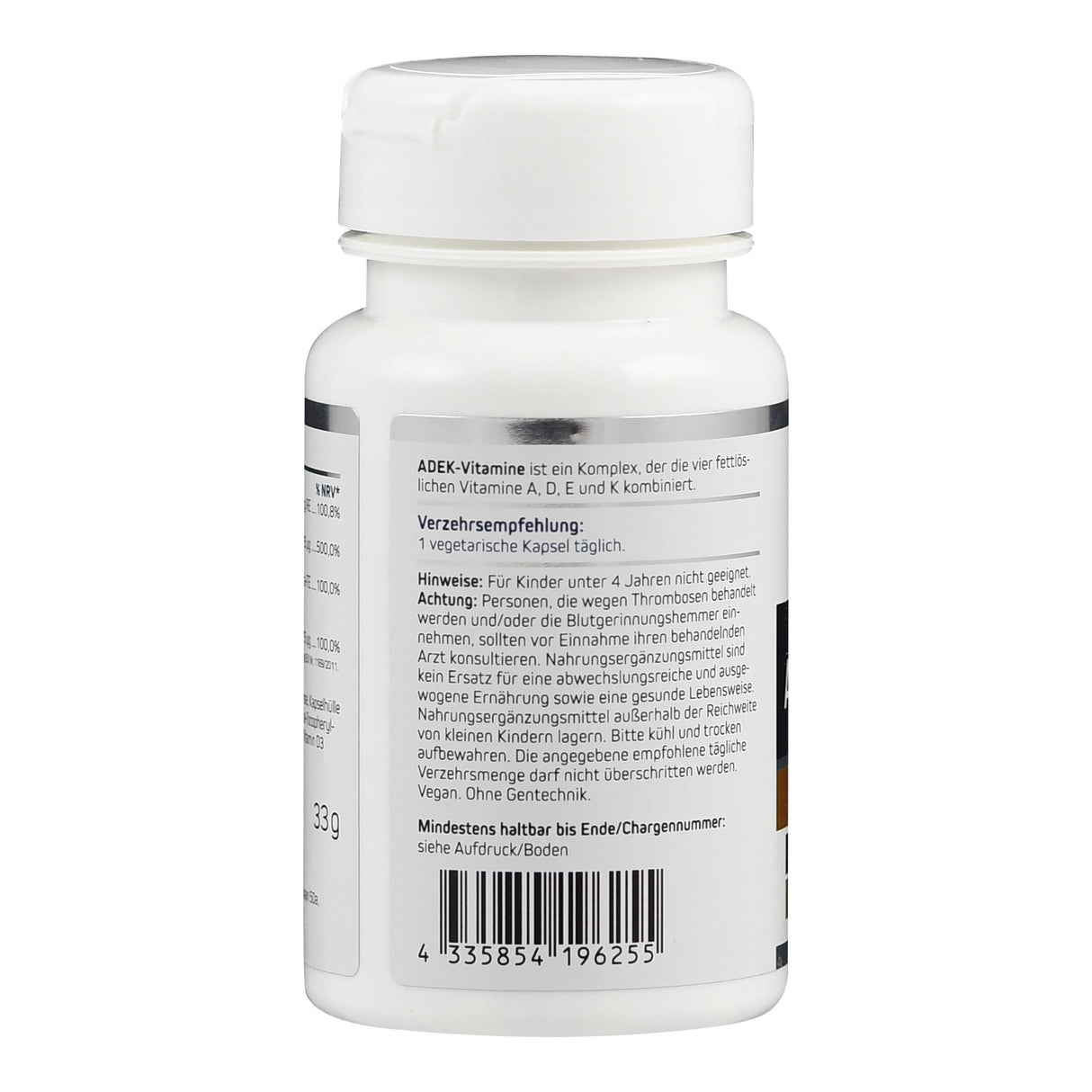 Das Bild zeigt eine weiße Plastikflasche mit einem Etikett, das Informationen über ein Nahrungsergänzungsmittel enthält. Auf dem Etikett steht "ADEK-Vitamine", ein Komplex der Vitamine A, D, E und K. Es gibt Hinweise zur Verzehrempfehlung und Warnhinweise für Kinder und Personen mit bestimmten gesundheitlichen Bedingungen. Die Flasche hat einen weißen Schraubverschluss und auf dem Etikett befindet sich ein Barcode.