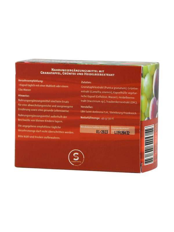 Rückseite einer Nahrungsergänzungsmittelverpackung mit Zutatenliste und Verzehrempfehlung. Enthält Granatapfel, Grüntee und Heidelbeerextrakt.