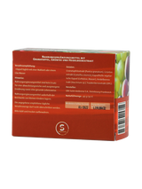Rückseite einer Nahrungsergänzungsmittelverpackung mit Zutatenliste und Verzehrempfehlung. Enthält Granatapfel, Grüntee und Heidelbeerextrakt.