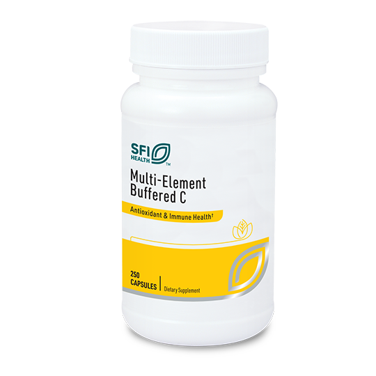Ein weißer Kunststoffbehälter mit Schraubverschluss, etikettiert mit 'SFI Health Multi-Element Buffered C'. Das Etikett ist weiß mit gelben Akzenten und enthält den Text 'Antioxidant & Immune Health' sowie '250 Capsules Dietary Supplement'.