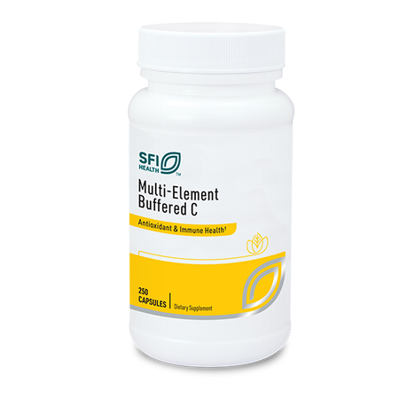Ein weißer Kunststoffbehälter mit Schraubverschluss, etikettiert mit 'SFI Health Multi-Element Buffered C'. Das Etikett ist weiß mit gelben Akzenten und enthält den Text 'Antioxidant & Immune Health' sowie '250 Capsules Dietary Supplement'.