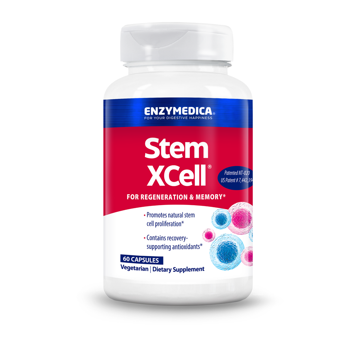 Ein Nahrungsergänzungsmittel namens Stem XCell von Enzymedica in einer weißen Flasche mit rotem Etikett. Enthält 60 vegetarische Kapseln.