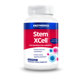 Ein Nahrungsergänzungsmittel namens Stem XCell von Enzymedica in einer weißen Flasche mit rotem Etikett. Enthält 60 vegetarische Kapseln.